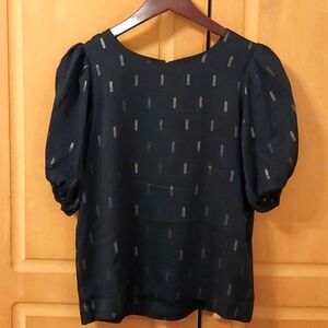 Madewell Metallic Jacquard Black and Gold Puff Sleeve Blouse